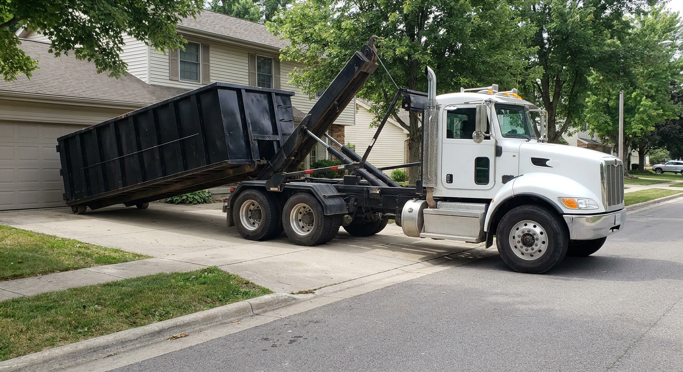White-cab hooklift roll-off truck actively lowering a matte-black dumpster onto a Lancaster residential concrete driveway, the dumpster's rear wheels touching the driveway as the hoist arm tilts the bed forward, mid-morning daylight.