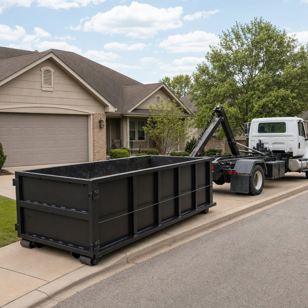Wide documentary shot of a matte-black roll-off dumpster on a Lancaster residential driveway in the foreground and a contractor jobsite container in the soft-focus background, bright daylight, calm and orderly composition.