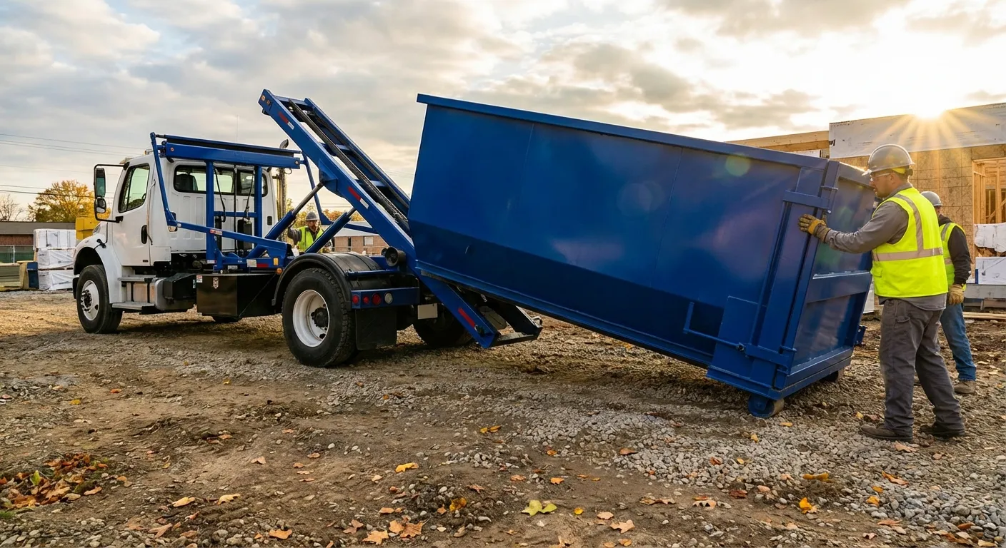 Construction dumpster delivery truck at job site in Lancaster, PA
