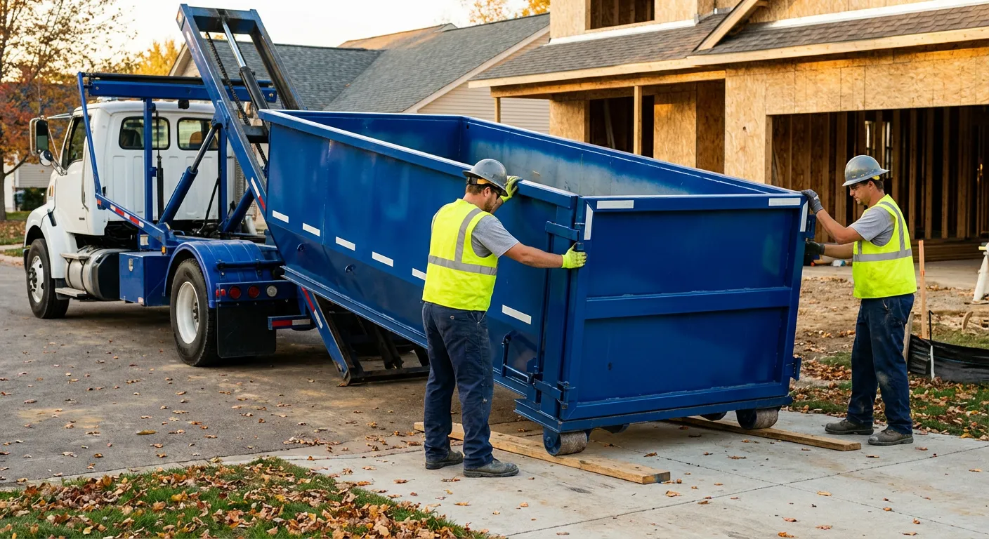 Roll-off dumpster delivery truck in residential area in Lancaster, PA