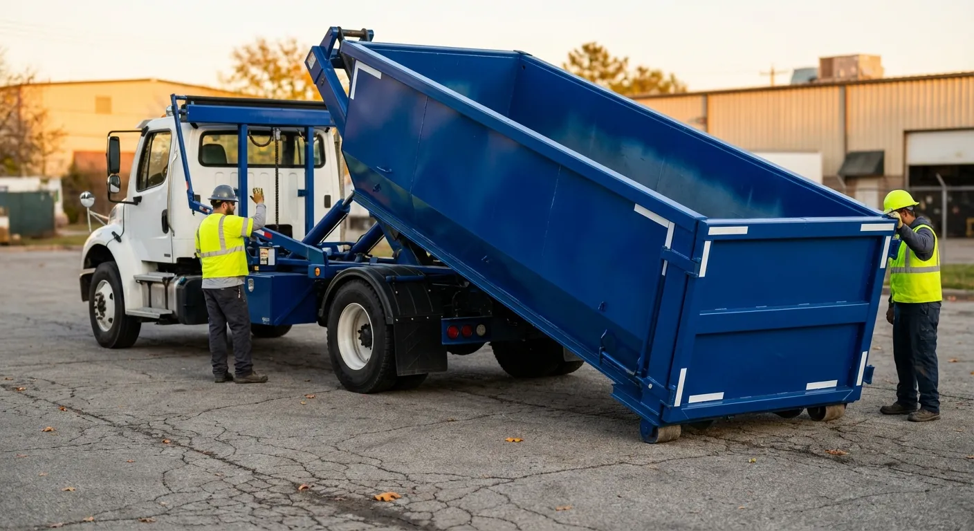 Roll-off dumpster rental truck protecting driveway surfaces in Lancaster, PA